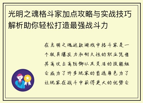 光明之魂格斗家加点攻略与实战技巧解析助你轻松打造最强战斗力